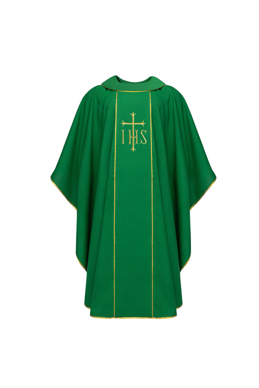 Green Chasuble with IHS and Cross Embroidery