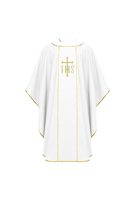 White Chasuble with IHS and Cross Embroidery