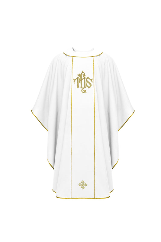 White Chasuble with IHS and Cross Embroidery