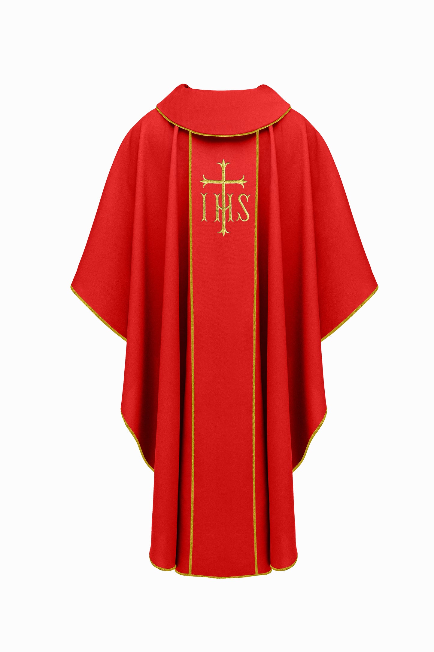 Red Chasuble with IHS and Cross Embroidery